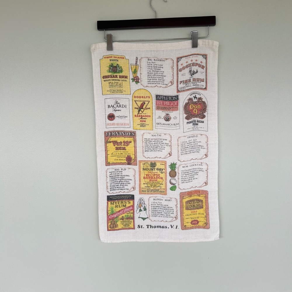 Rum Recipe Linen Tea Towel  Cream Vintage 70s St Thomas Souvenir Barware Tropial